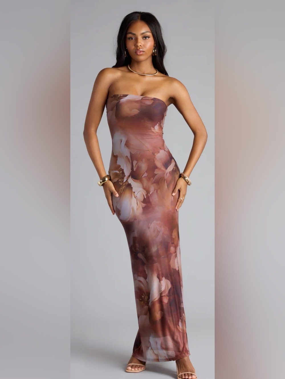 Windsor Strapless Floral Bodycon Maxi Dress in Mauve and Brown